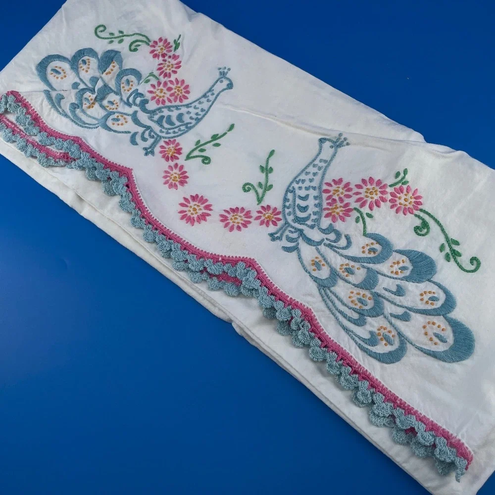 VTG Hand Embroidered Crewel Pillowcases 3 White Peacock Floral 1950s Crochet x3
